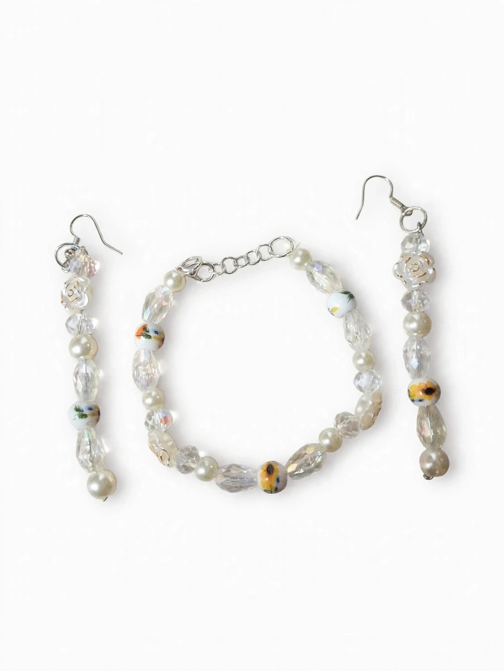 Pearl & Crystal Beaded Bracelet and Earrings Set - Iridescent White